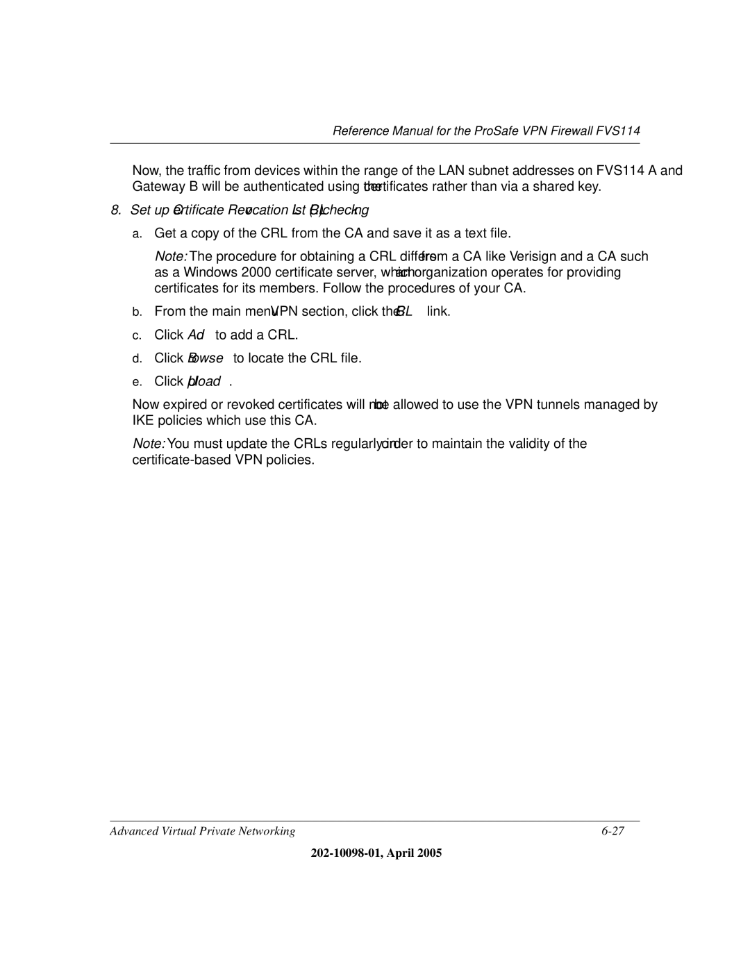 NETGEAR fvs114 manual Set up Certificate Revocation List CRL checking 