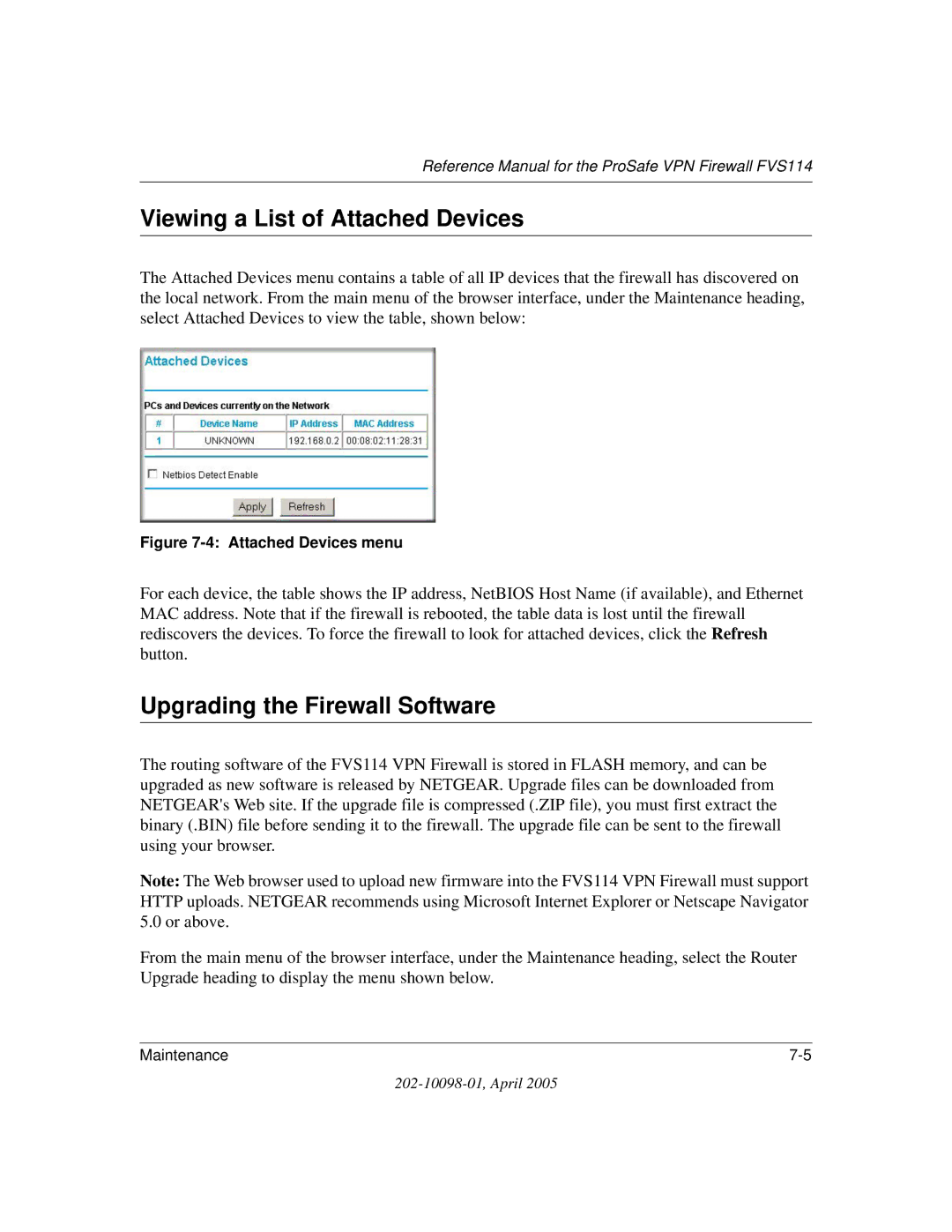 NETGEAR fvs114 manual Viewing a List of Attached Devices, Upgrading the Firewall Software 