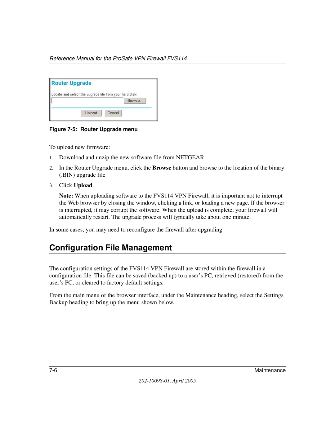 NETGEAR fvs114 manual Configuration File Management, Router Upgrade menu 