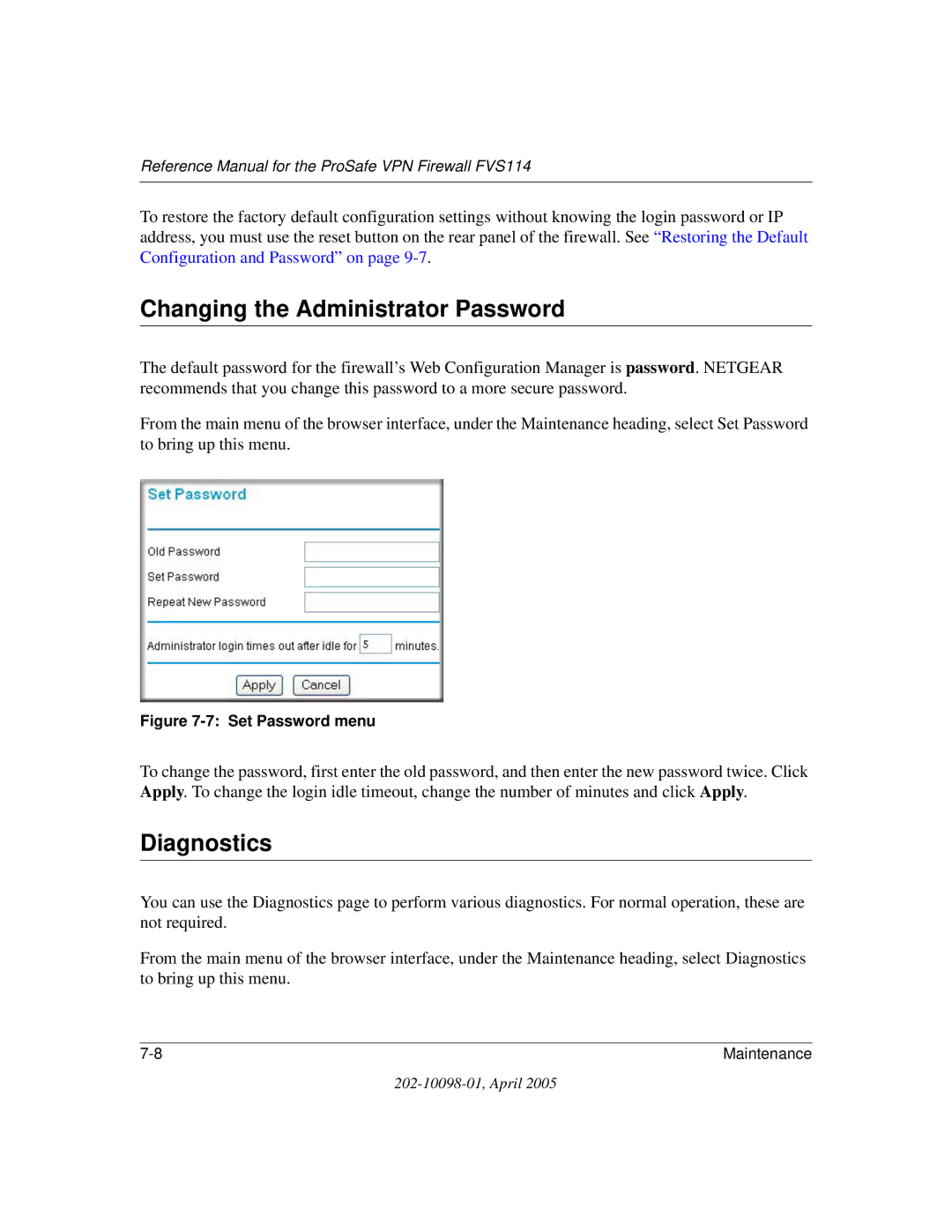 NETGEAR fvs114 manual Changing the Administrator Password, Diagnostics 