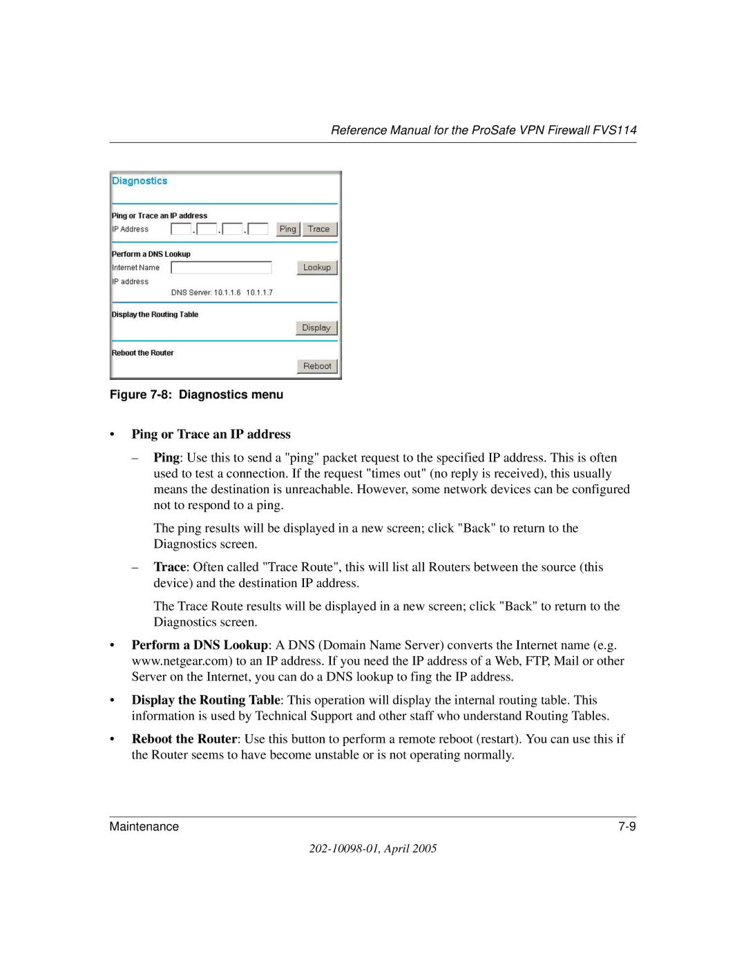 NETGEAR fvs114 manual Ping or Trace an IP address, Diagnostics menu 