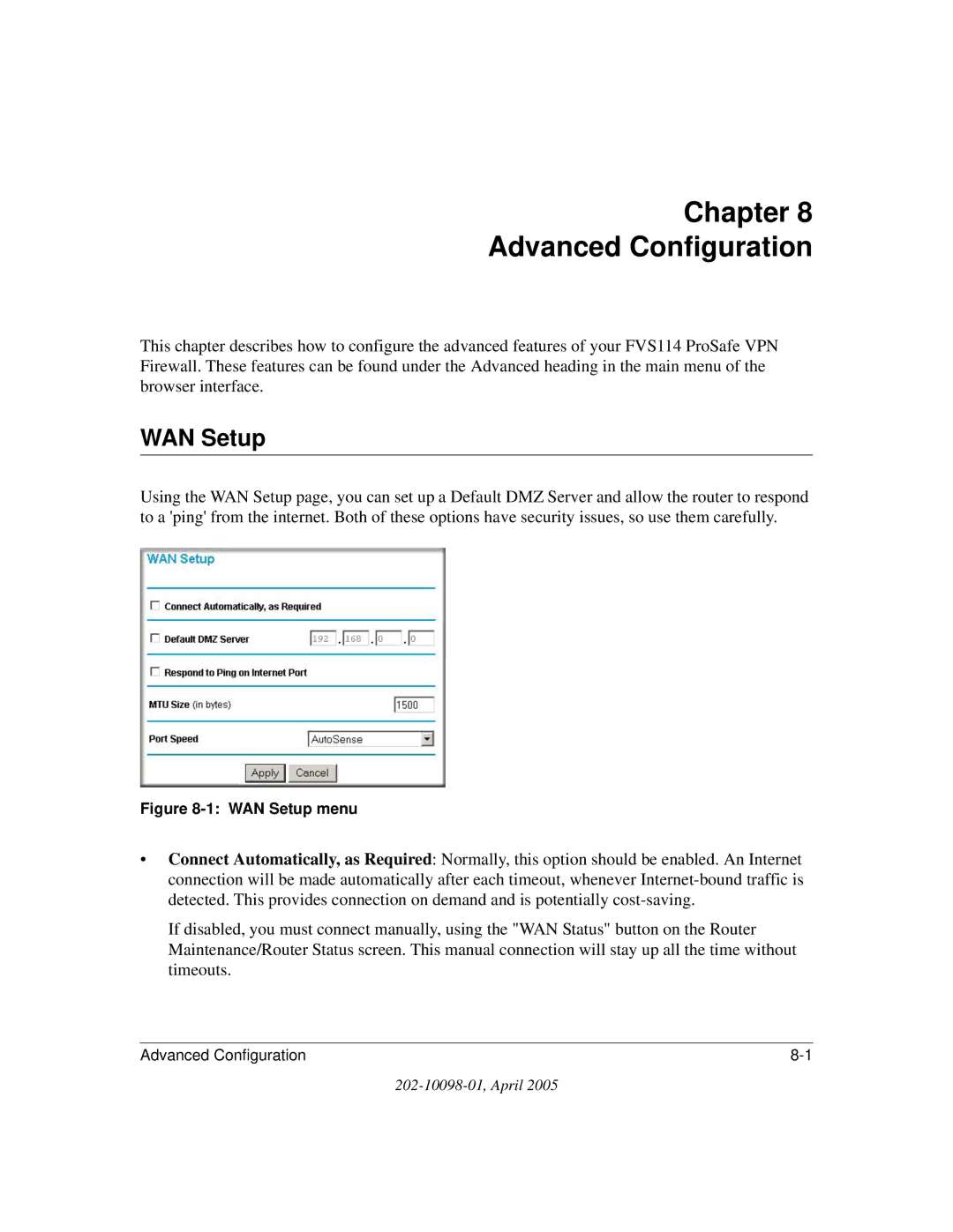 NETGEAR fvs114 manual Chapter Advanced Configuration, WAN Setup 