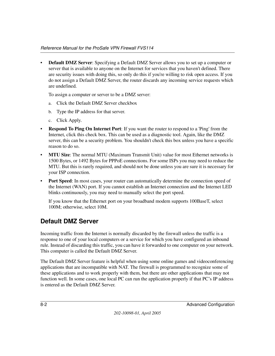 NETGEAR fvs114 manual Default DMZ Server 