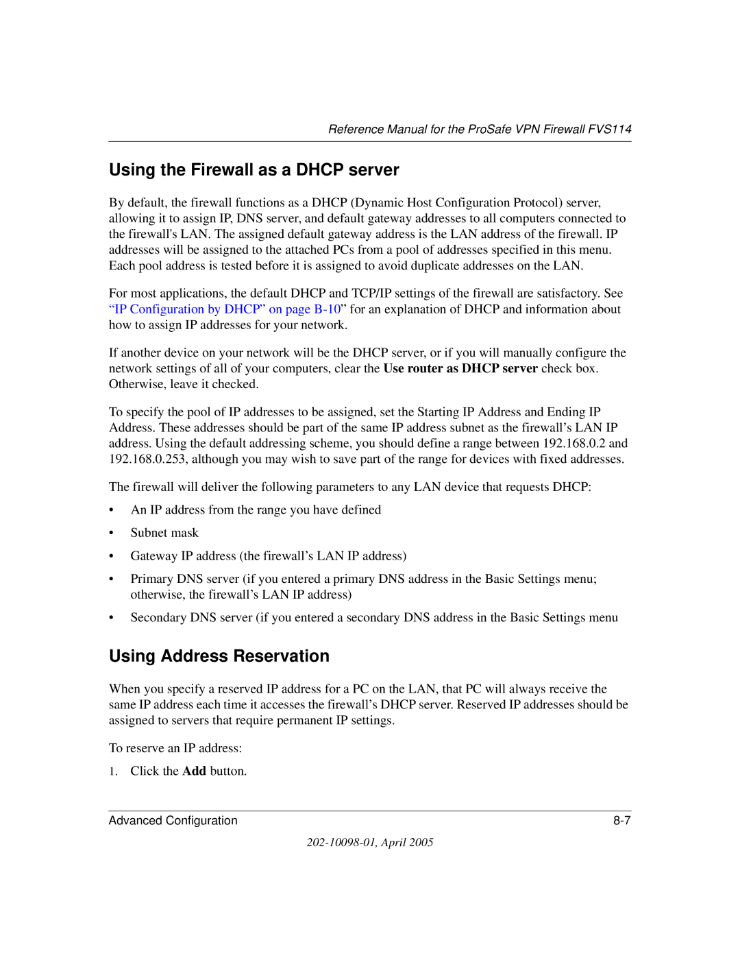 NETGEAR fvs114 manual Using the Firewall as a Dhcp server, Using Address Reservation 