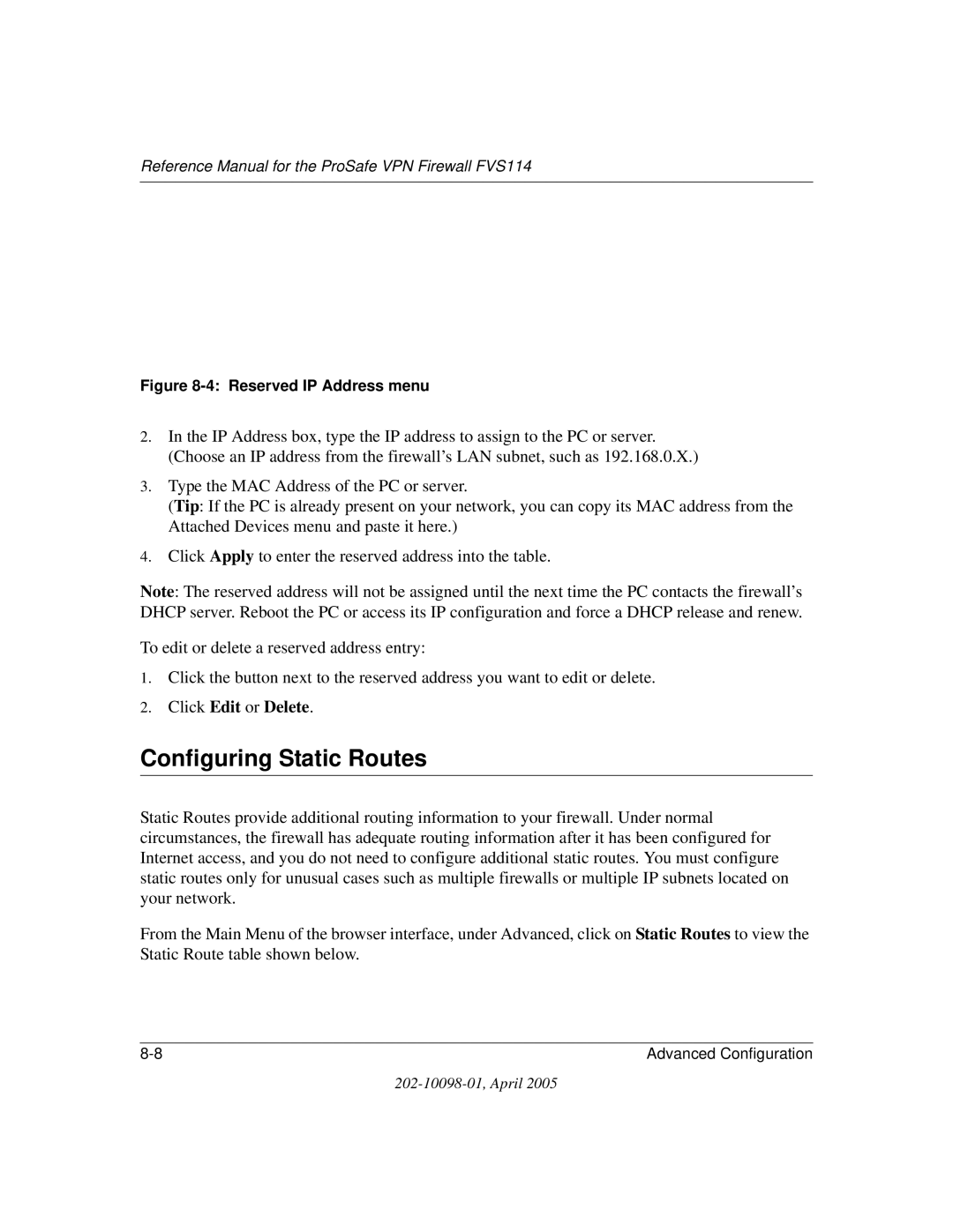 NETGEAR fvs114 manual Configuring Static Routes, Click Edit or Delete 