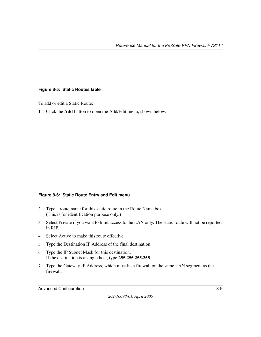 NETGEAR fvs114 manual Static Routes table 