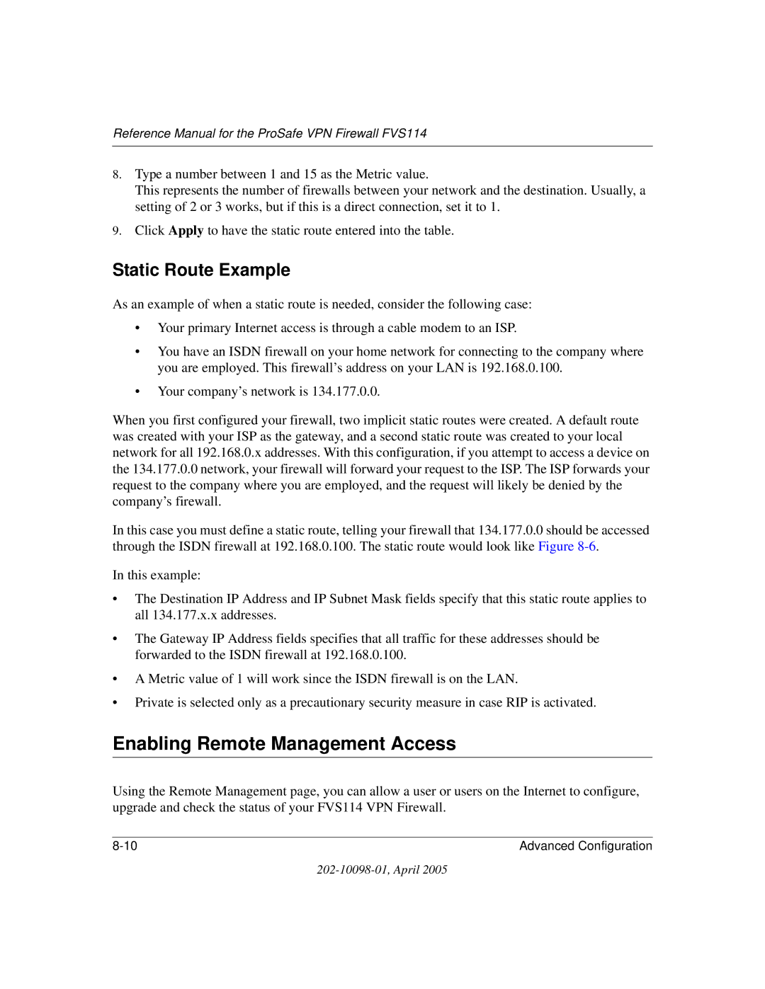 NETGEAR fvs114 manual Enabling Remote Management Access, Static Route Example 