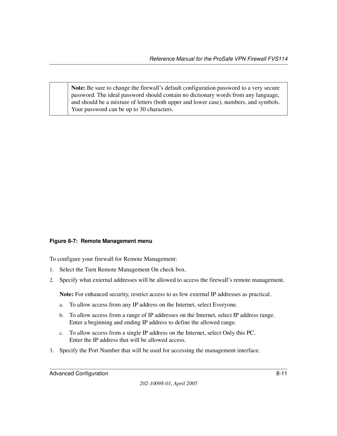 NETGEAR fvs114 manual Remote Management menu 