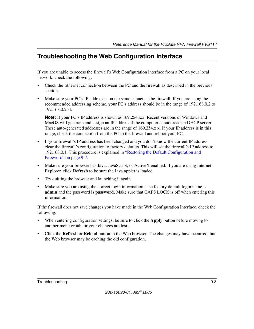 NETGEAR fvs114 manual Troubleshooting the Web Configuration Interface 