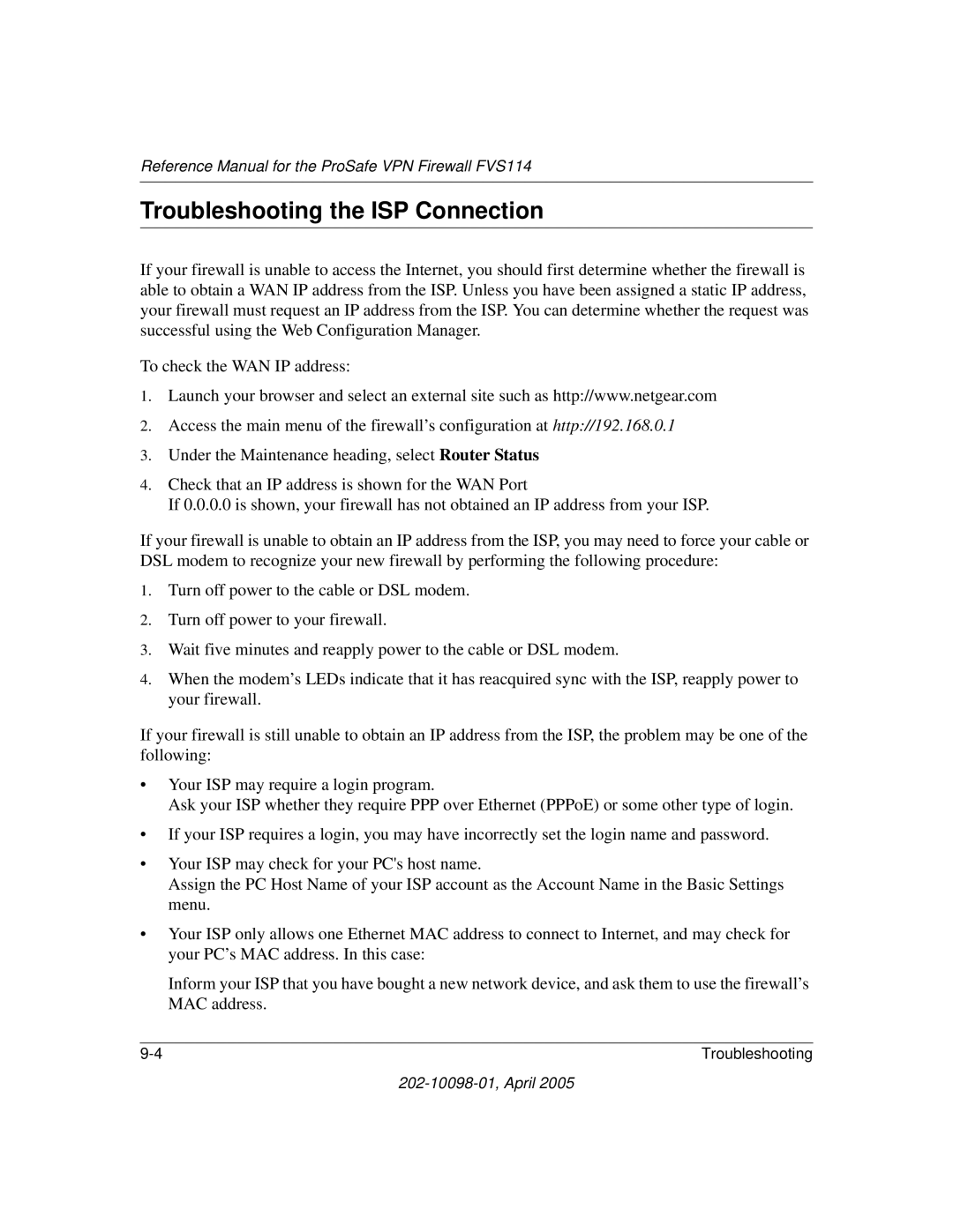 NETGEAR fvs114 manual Troubleshooting the ISP Connection 