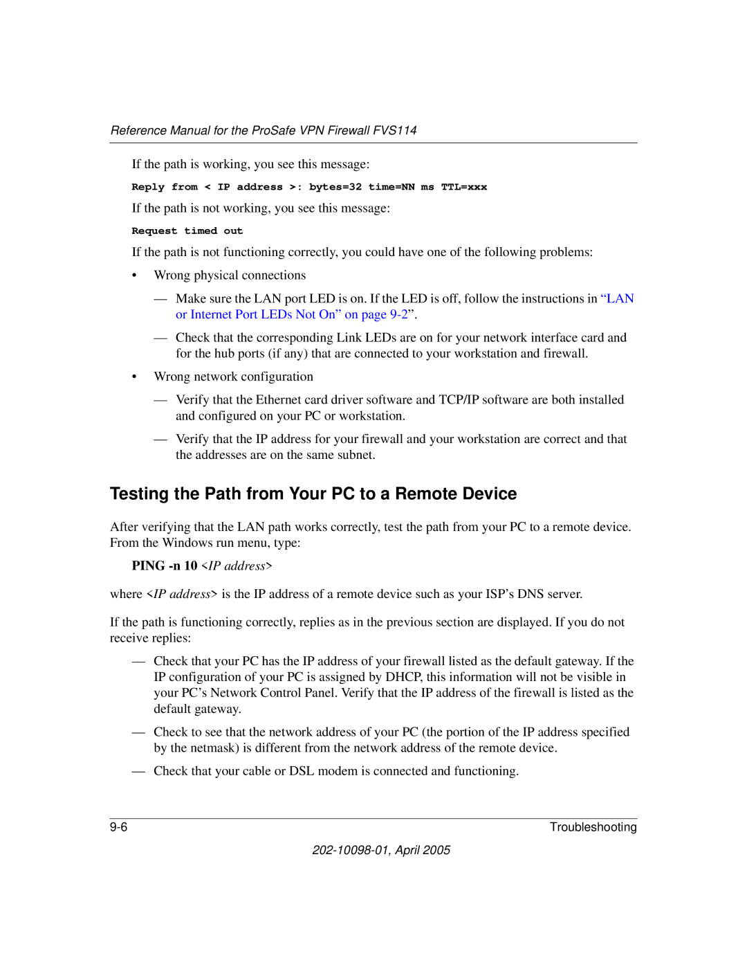 NETGEAR fvs114 manual Testing the Path from Your PC to a Remote Device, If the path is working, you see this message 