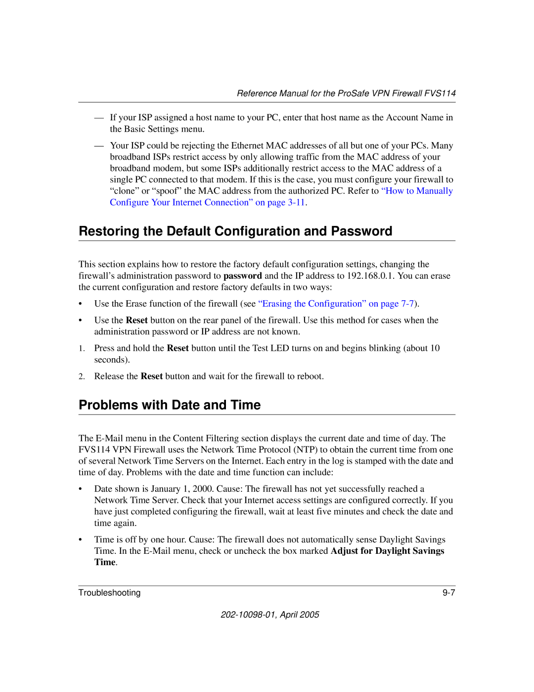 NETGEAR fvs114 manual Restoring the Default Configuration and Password, Problems with Date and Time 