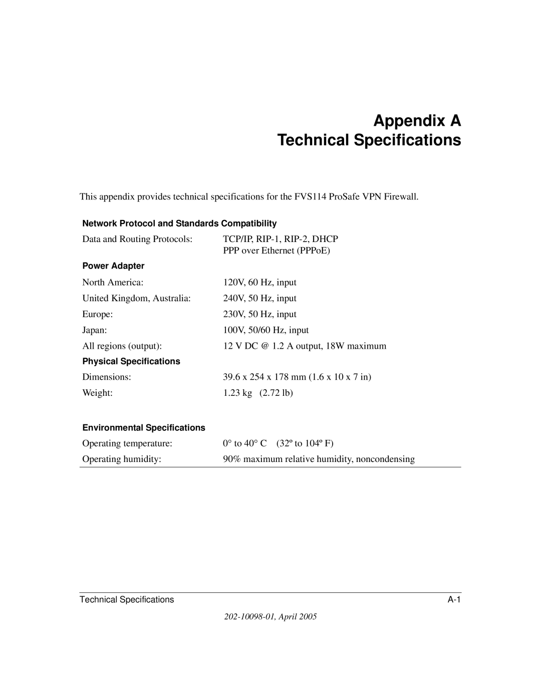 NETGEAR fvs114 manual Appendix a Technical Specifications, Data and Routing Protocols, PPP over Ethernet PPPoE 