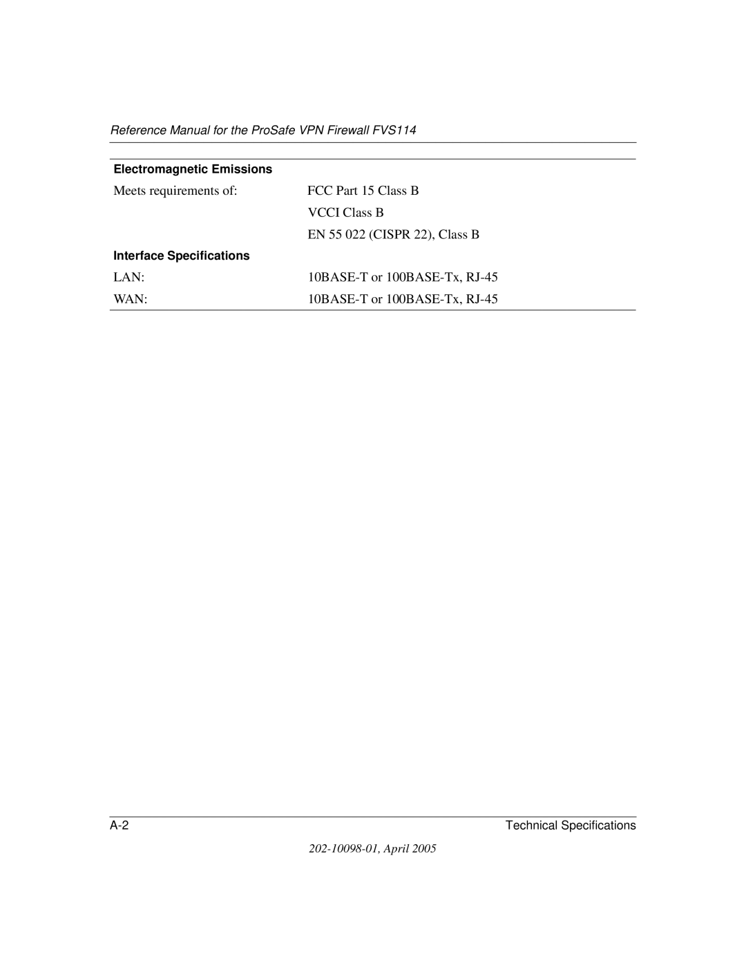 NETGEAR fvs114 manual 10BASE-T or 100BASE-Tx, RJ-45, Electromagnetic Emissions, Interface Specifications 