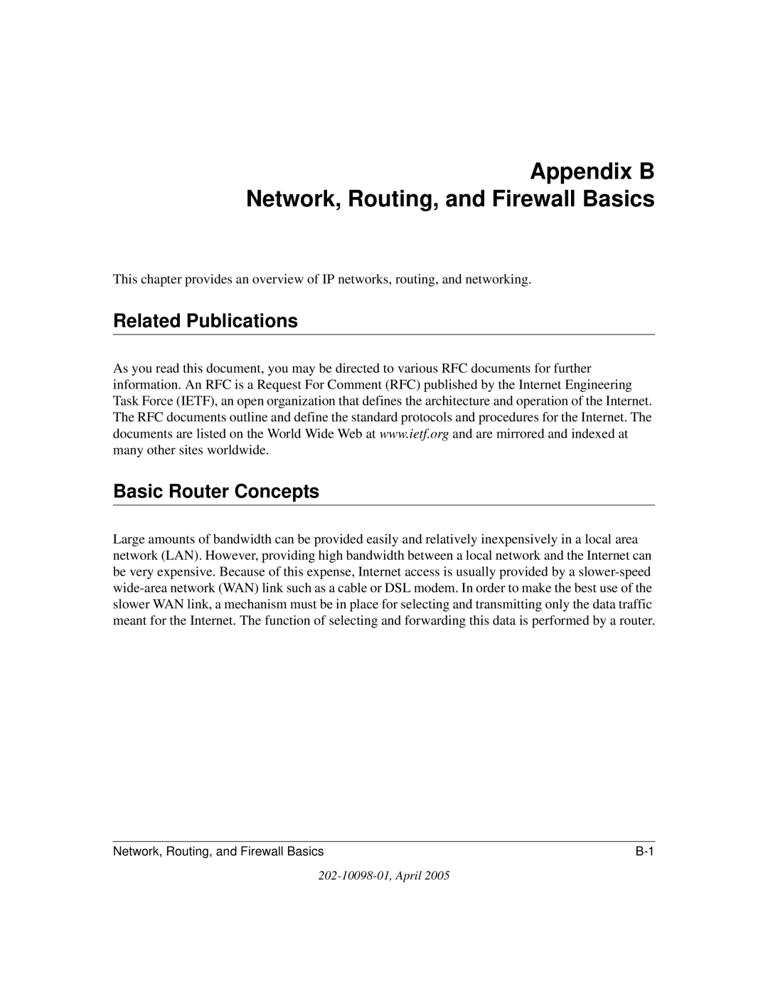 NETGEAR fvs114 manual Appendix B Network, Routing, and Firewall Basics, Related Publications Basic Router Concepts 