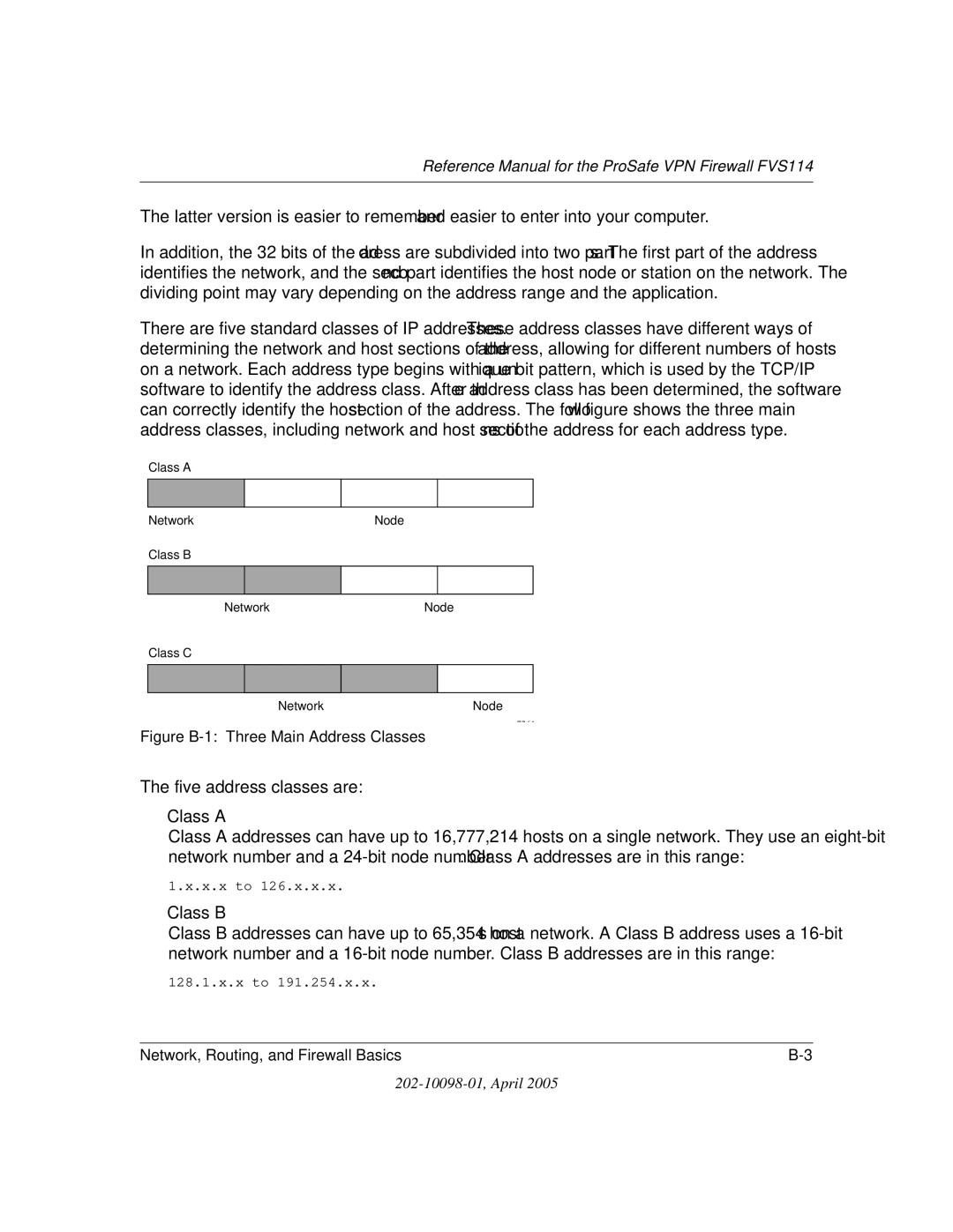 NETGEAR fvs114 manual Figure B-1 Three Main Address Classes 