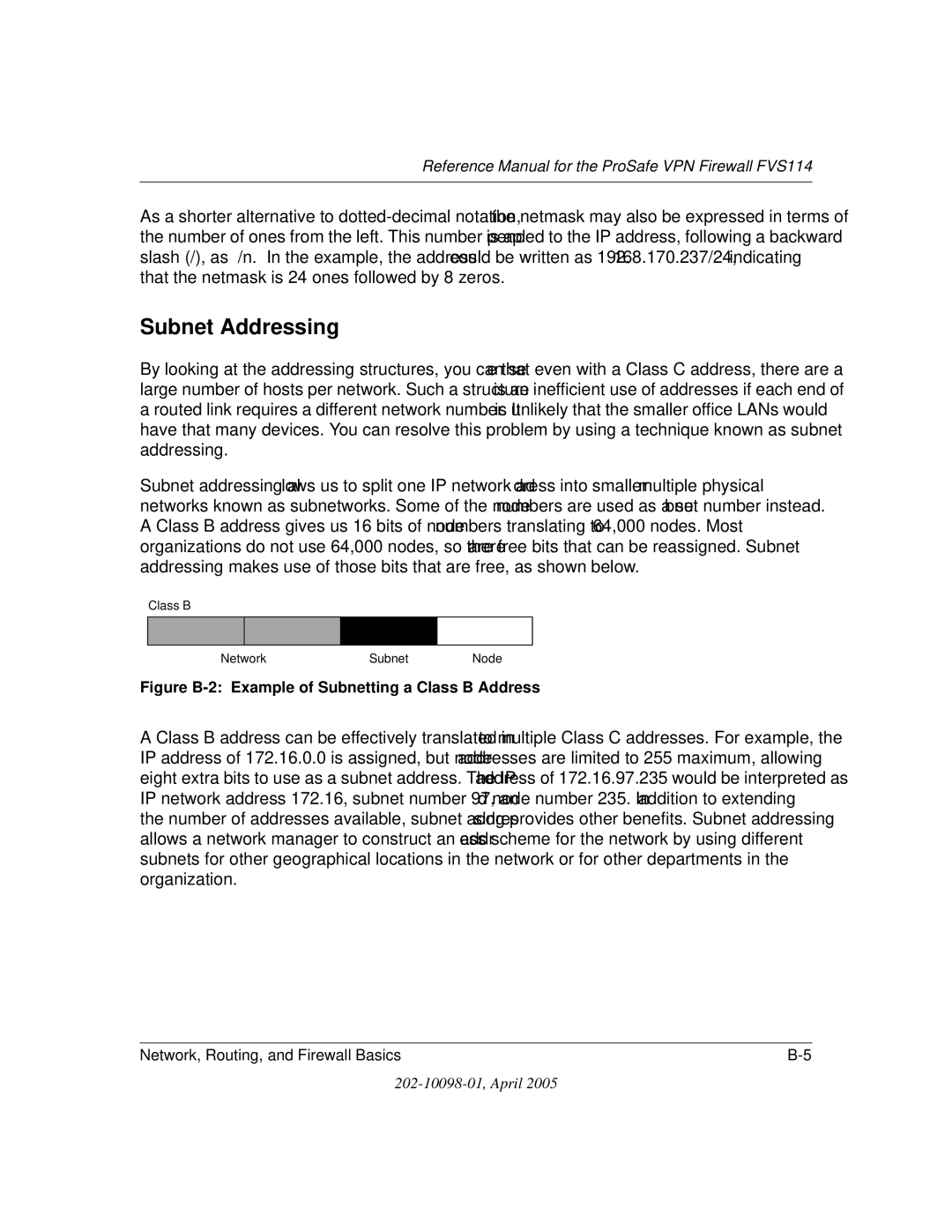 NETGEAR fvs114 manual Subnet Addressing, Figure B-2 Example of Subnetting a Class B Address 