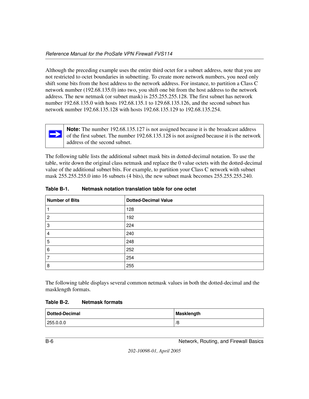 NETGEAR fvs114 manual Table B-1 Netmask notation translation table for one octet, Table B-2. Netmask formats 