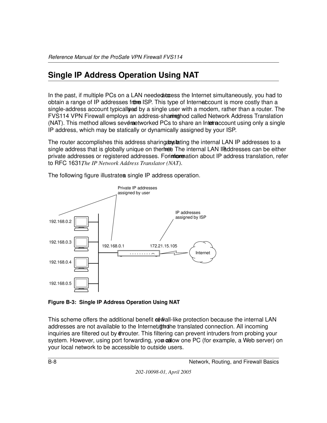 NETGEAR fvs114 manual Figure B-3 Single IP Address Operation Using NAT 