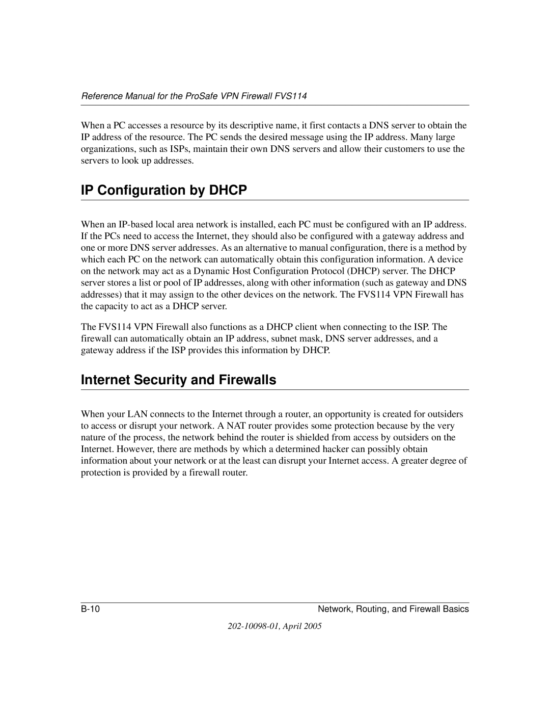 NETGEAR fvs114 manual IP Configuration by Dhcp, Internet Security and Firewalls 