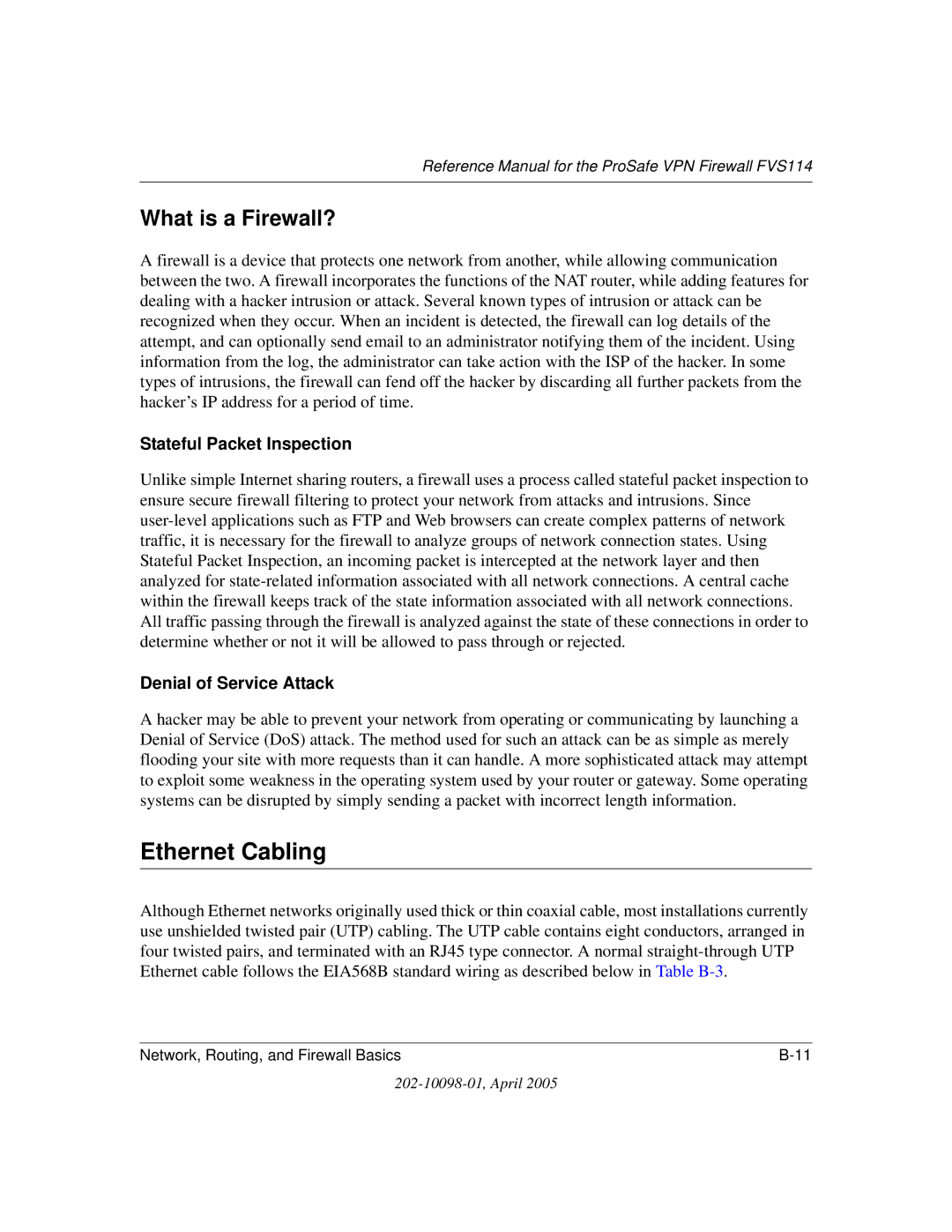 NETGEAR fvs114 manual Ethernet Cabling, What is a Firewall?, Stateful Packet Inspection, Denial of Service Attack 