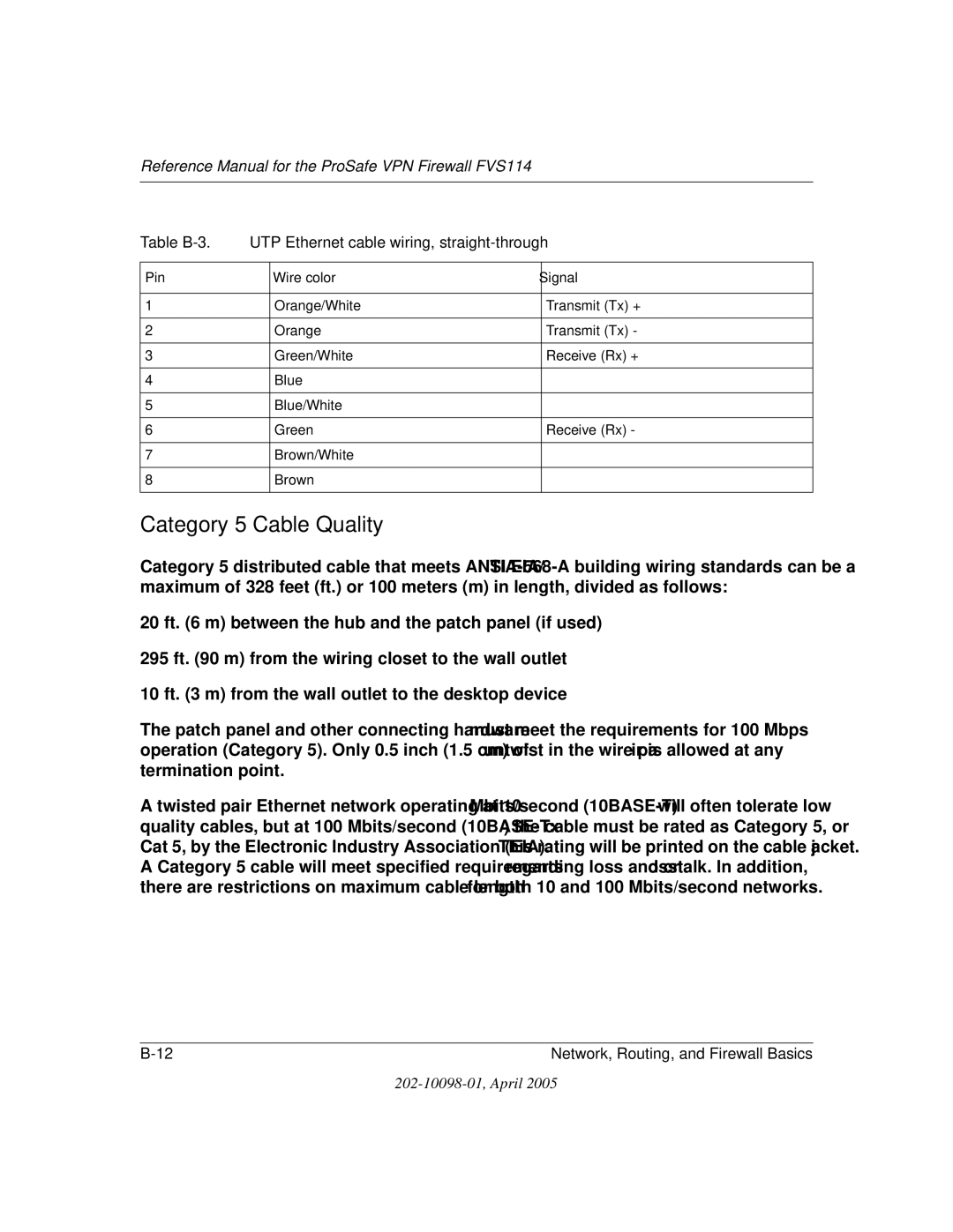 NETGEAR fvs114 manual Category 5 Cable Quality, Table B-3 UTP Ethernet cable wiring, straight-through 