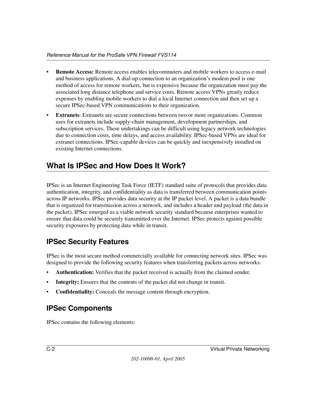 NETGEAR fvs114 manual What Is IPSec and How Does It Work?, IPSec Security Features, IPSec Components 