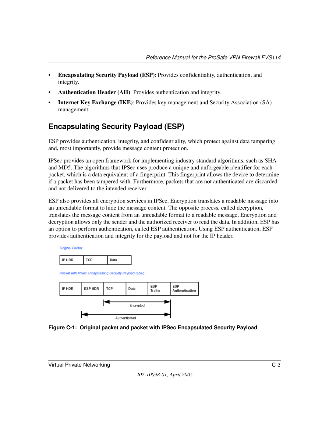 NETGEAR fvs114 manual Encapsulating Security Payload ESP 