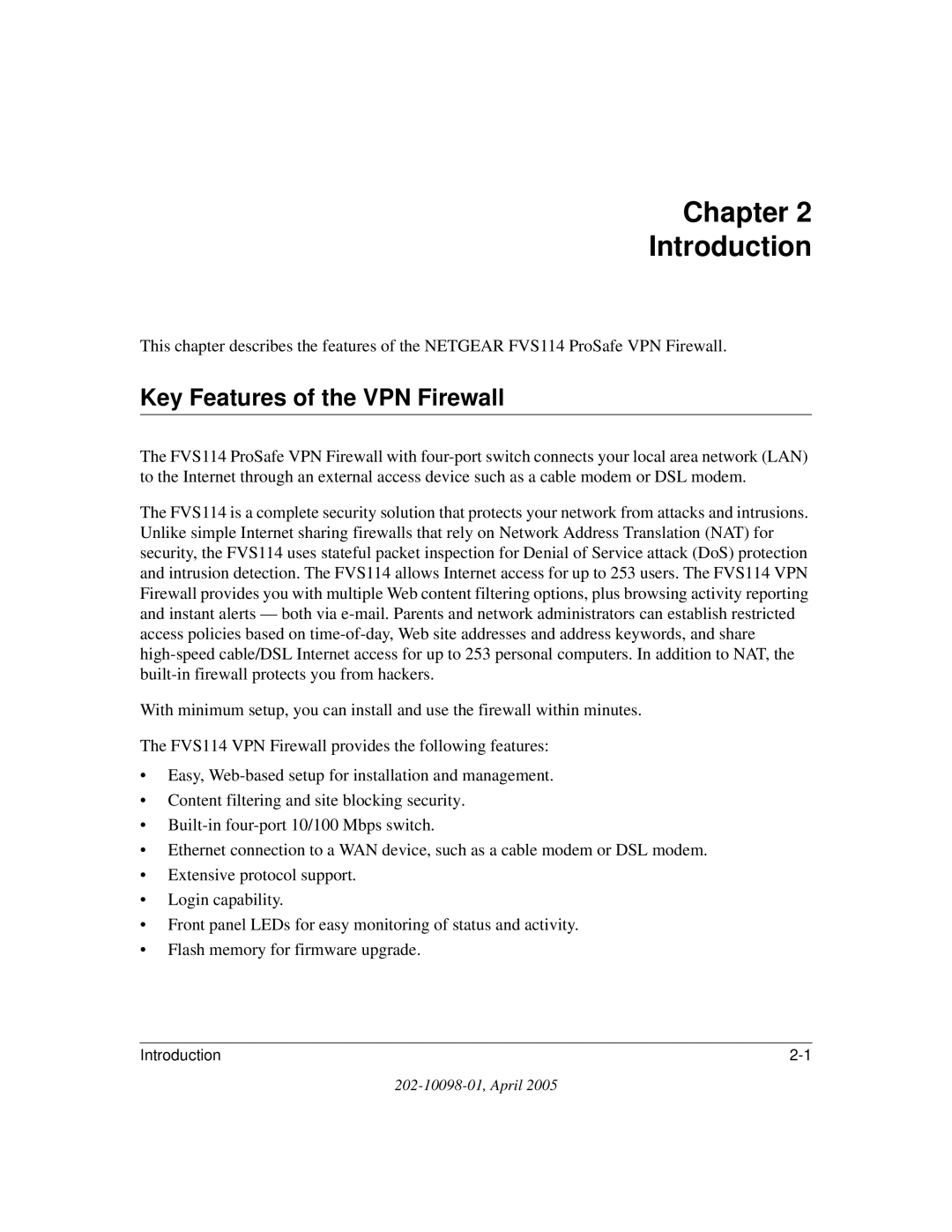 NETGEAR fvs114 manual Chapter Introduction, Key Features of the VPN Firewall 