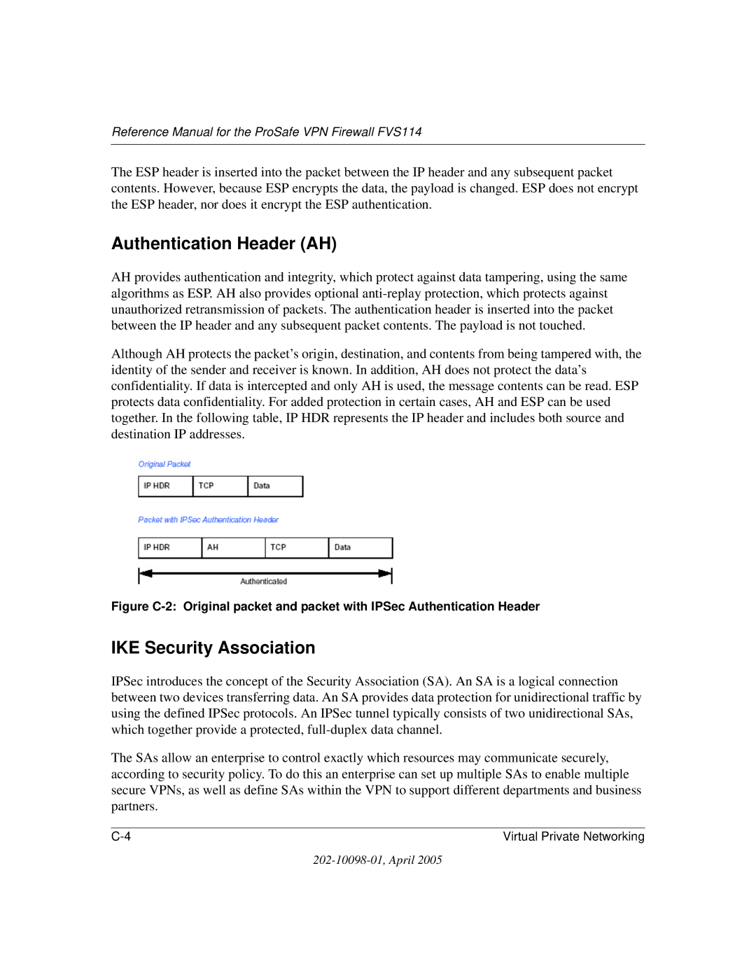 NETGEAR fvs114 manual Authentication Header AH, IKE Security Association 