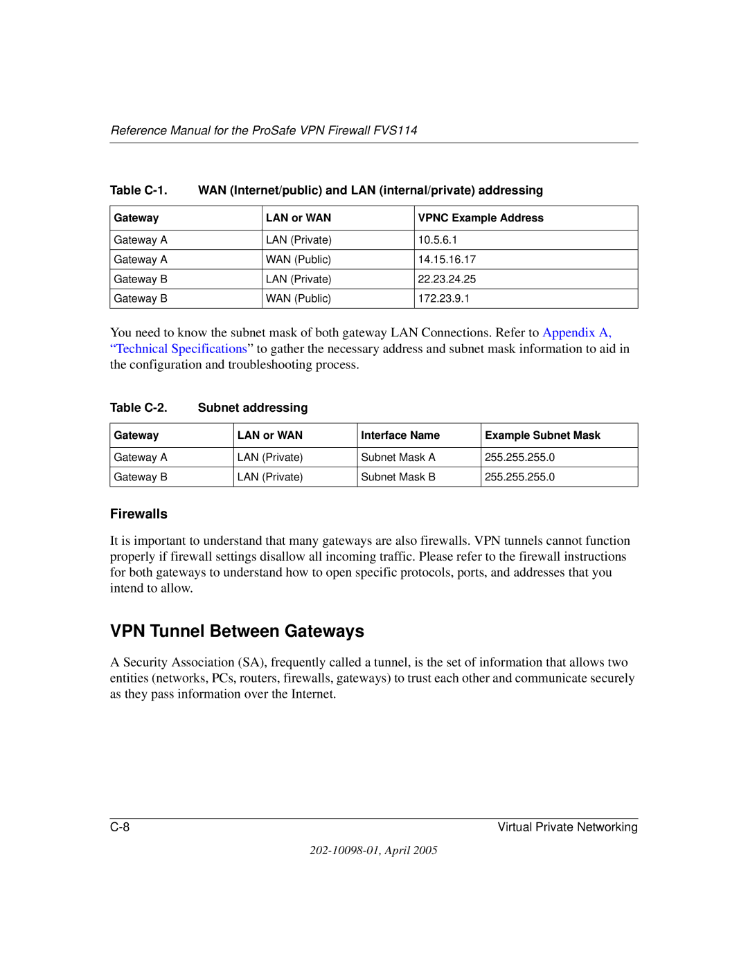 NETGEAR fvs114 manual VPN Tunnel Between Gateways, Firewalls, Table C-2 Subnet addressing 