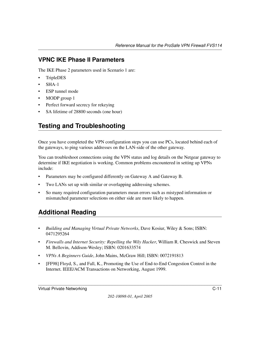 NETGEAR fvs114 manual Testing and Troubleshooting, Additional Reading, Vpnc IKE Phase II Parameters 