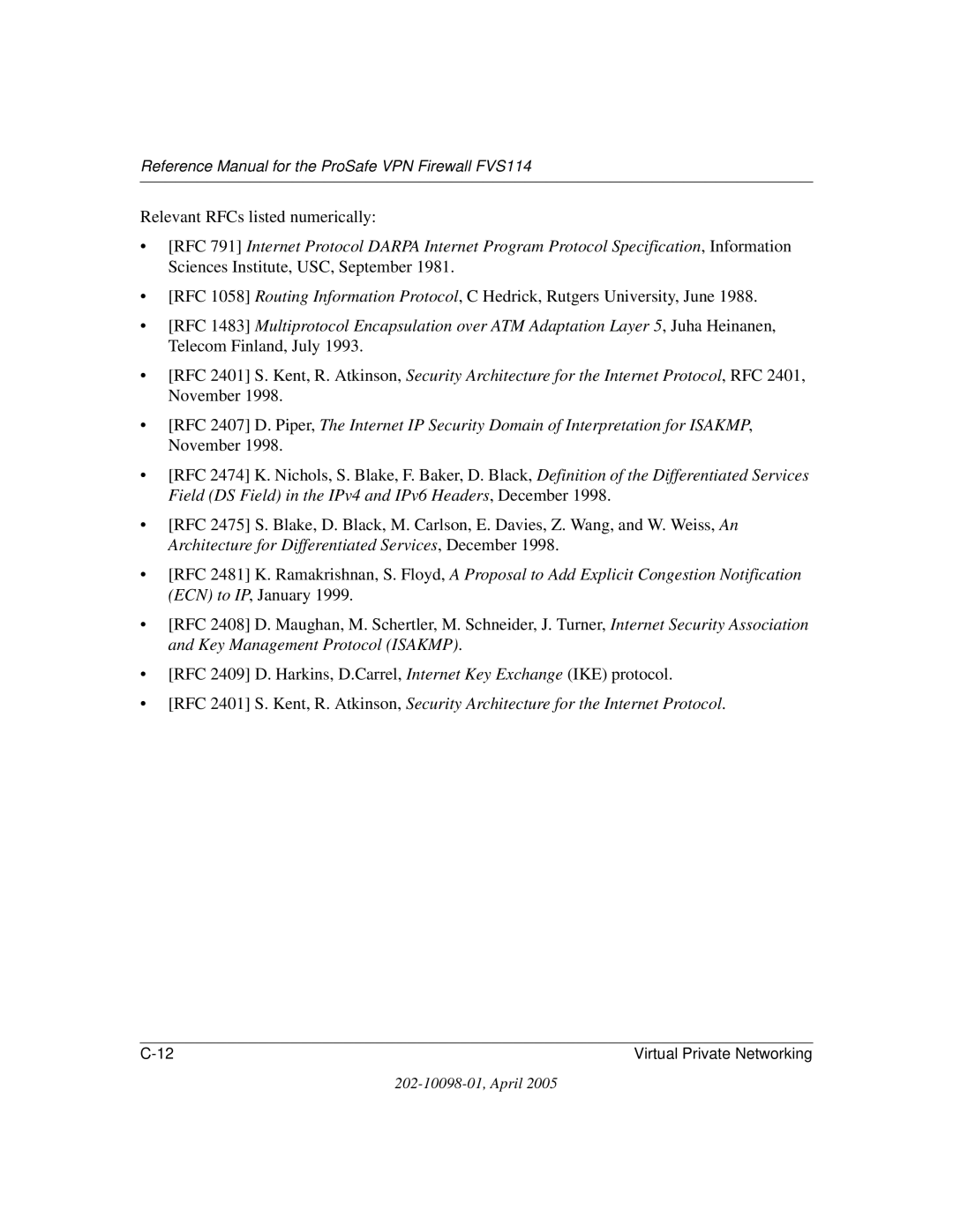 NETGEAR fvs114 manual Relevant RFCs listed numerically 