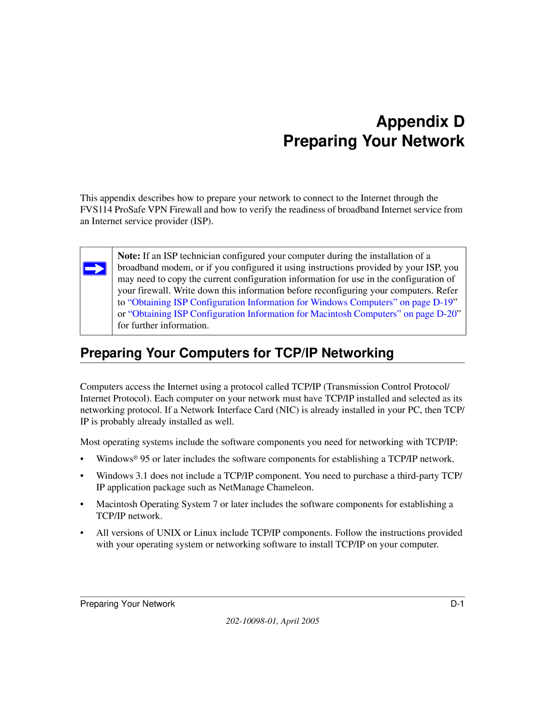 NETGEAR fvs114 manual Appendix D Preparing Your Network, Preparing Your Computers for TCP/IP Networking 