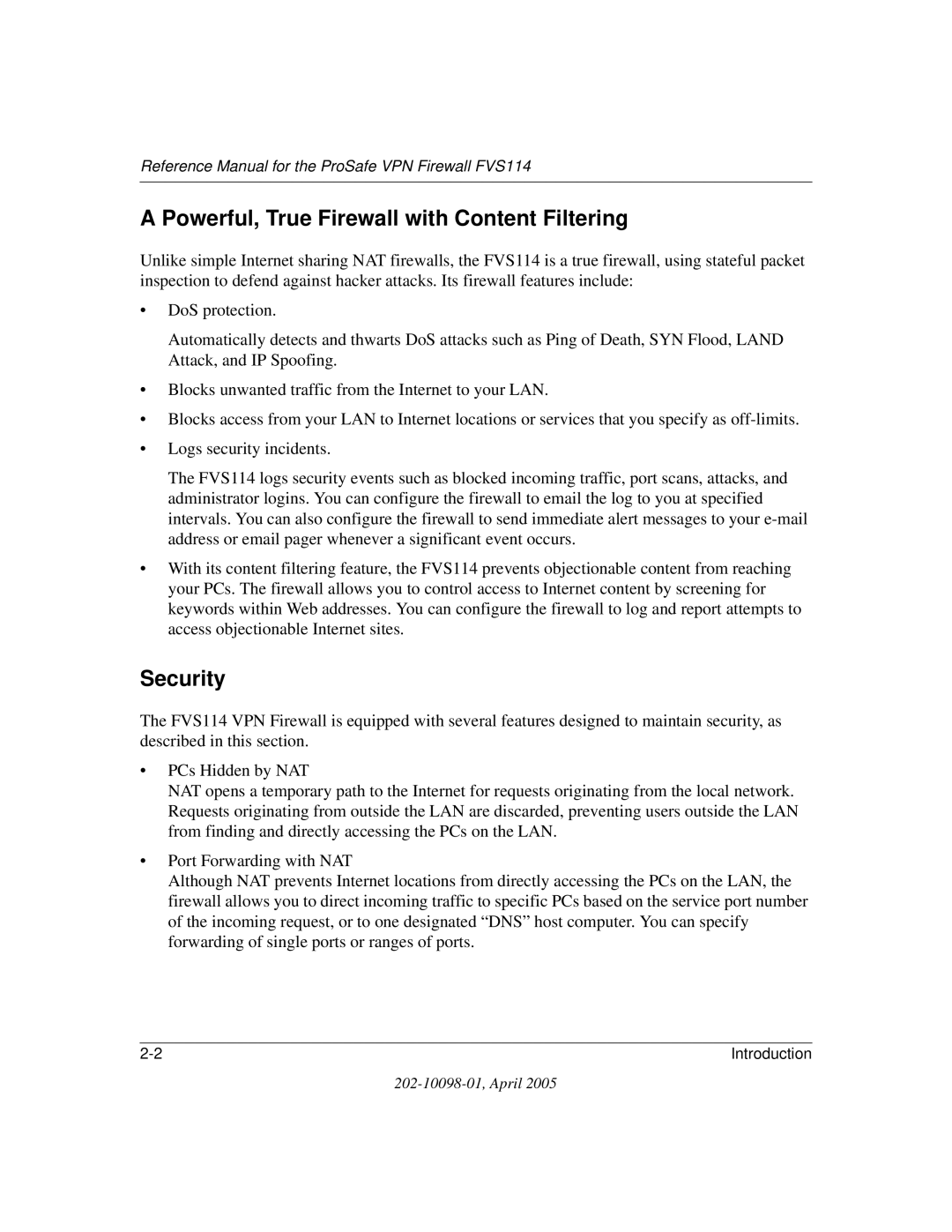 NETGEAR fvs114 manual Powerful, True Firewall with Content Filtering, Security 