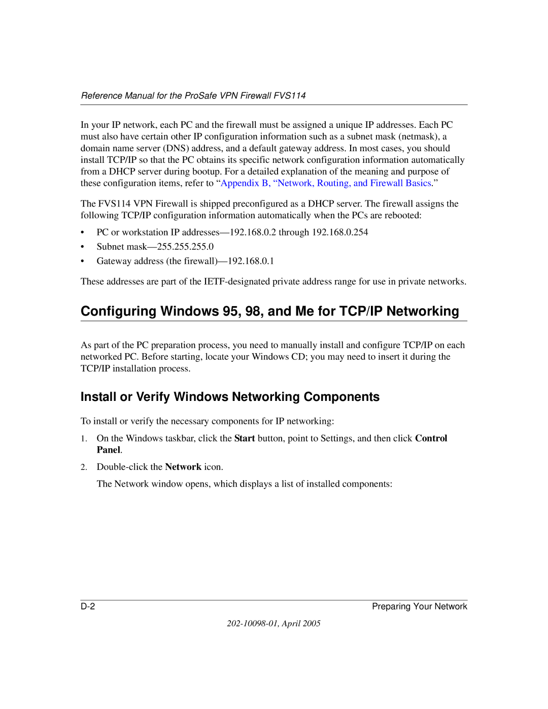 NETGEAR fvs114 Configuring Windows 95, 98, and Me for TCP/IP Networking, Install or Verify Windows Networking Components 