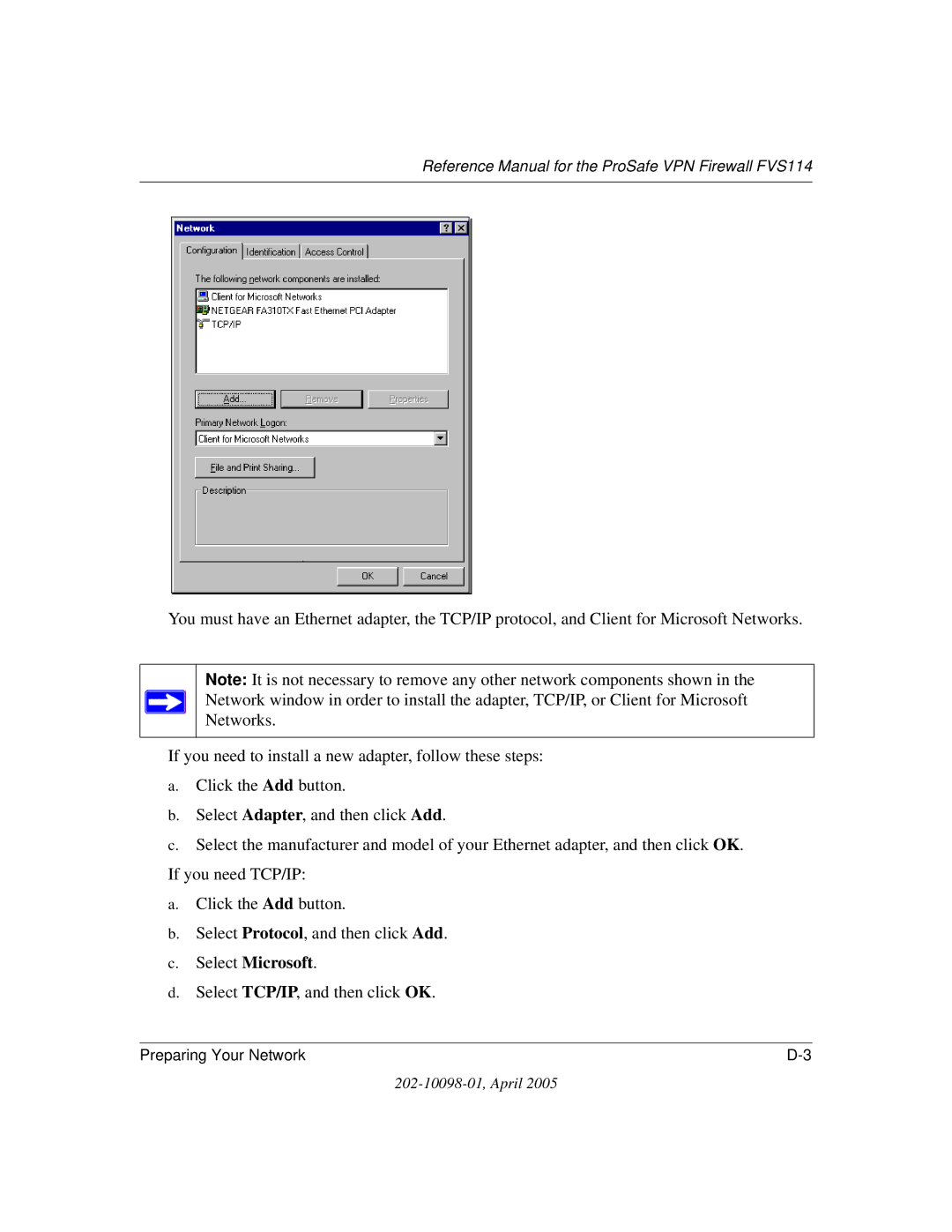 NETGEAR fvs114 manual Select Microsoft, Select TCP/IP, and then click OK 