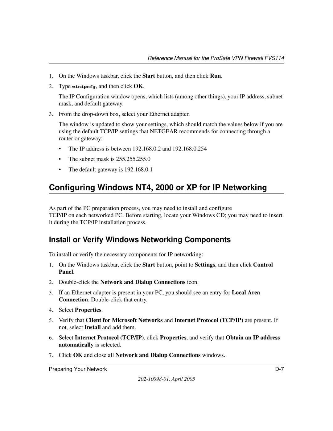 NETGEAR fvs114 Configuring Windows NT4, 2000 or XP for IP Networking, Double-click the Network and Dialup Connections icon 