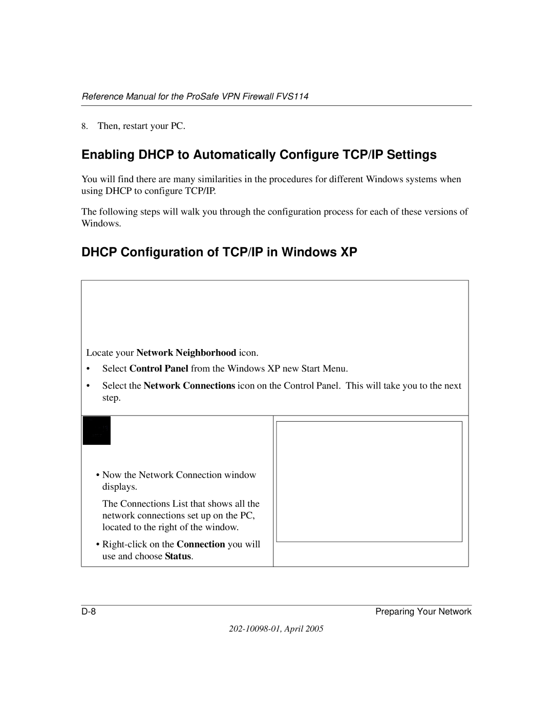 NETGEAR fvs114 Dhcp Configuration of TCP/IP in Windows XP, Then, restart your PC, Locate your Network Neighborhood icon 