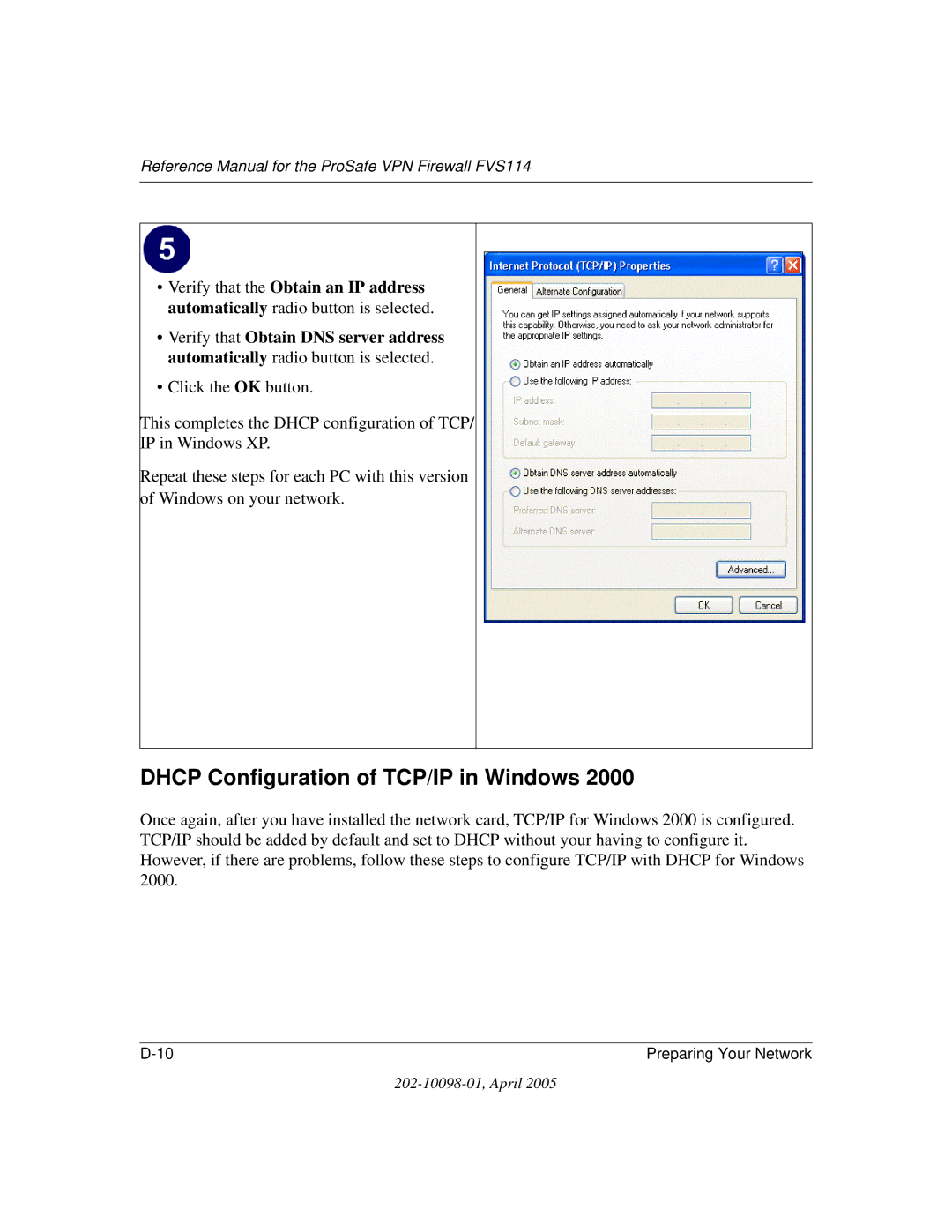 NETGEAR fvs114 manual Dhcp Configuration of TCP/IP in Windows 