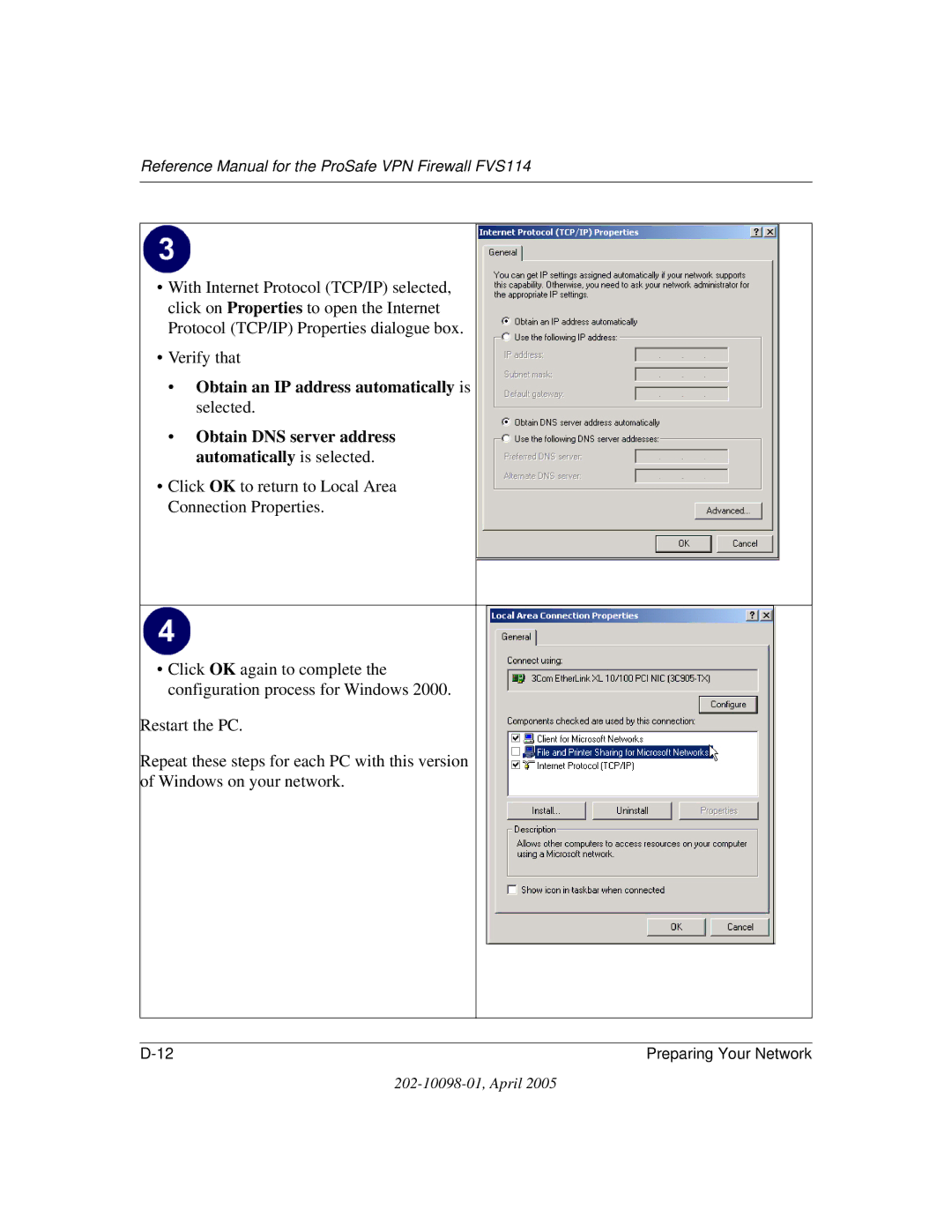 NETGEAR fvs114 manual Obtain an IP address automatically is selected 