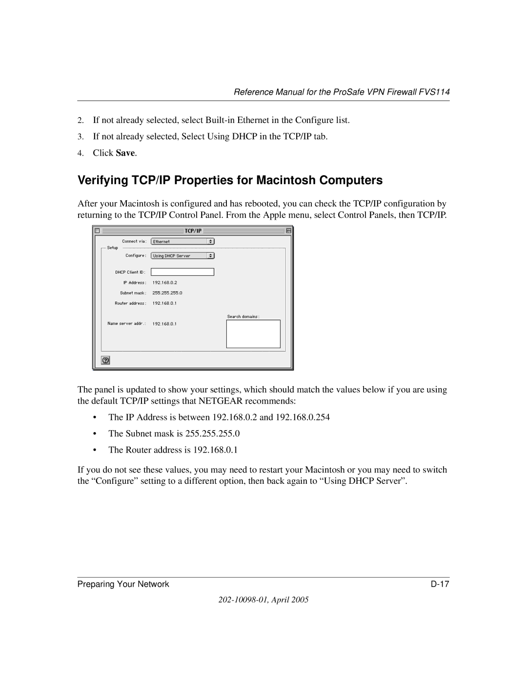 NETGEAR fvs114 manual Verifying TCP/IP Properties for Macintosh Computers 