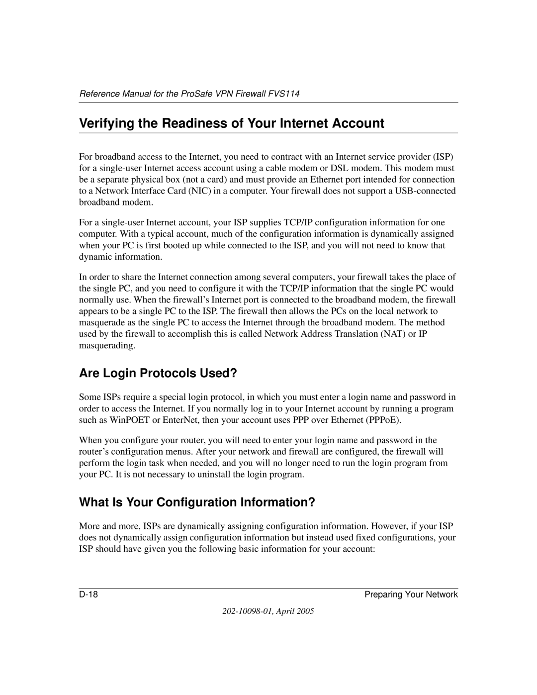 NETGEAR fvs114 manual Verifying the Readiness of Your Internet Account, Are Login Protocols Used? 