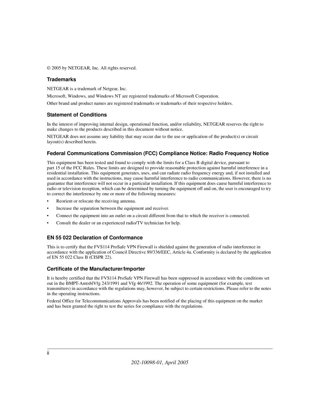 NETGEAR fvs114 manual Trademarks, Statement of Conditions, EN 55 022 Declaration of Conformance 