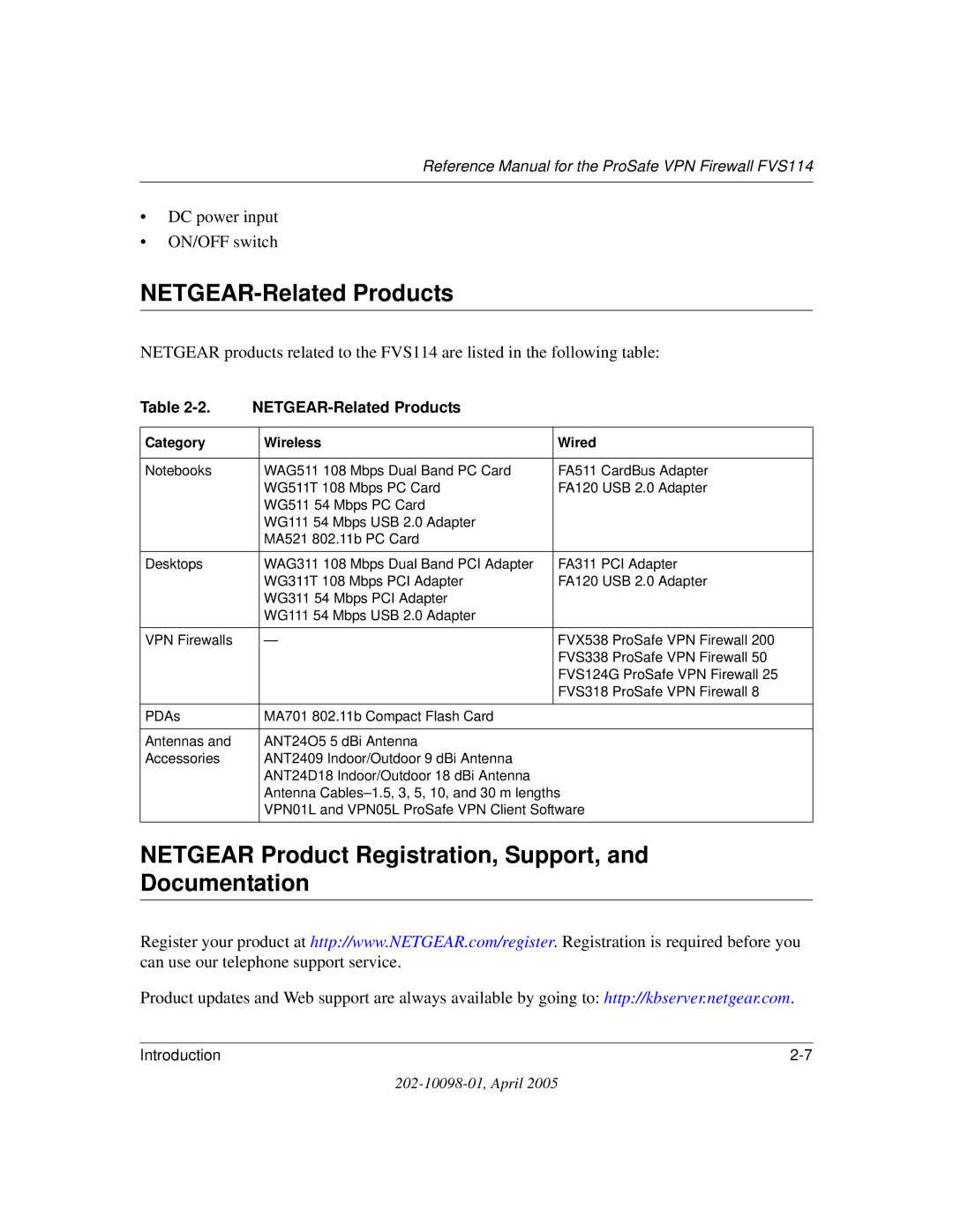 NETGEAR fvs114 manual NETGEAR-Related Products, Netgear Product Registration, Support, and Documentation 