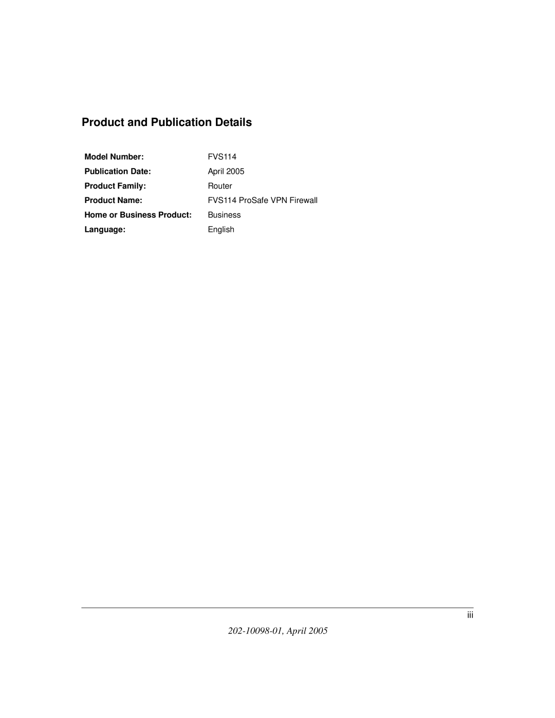 NETGEAR fvs114 manual Product and Publication Details 