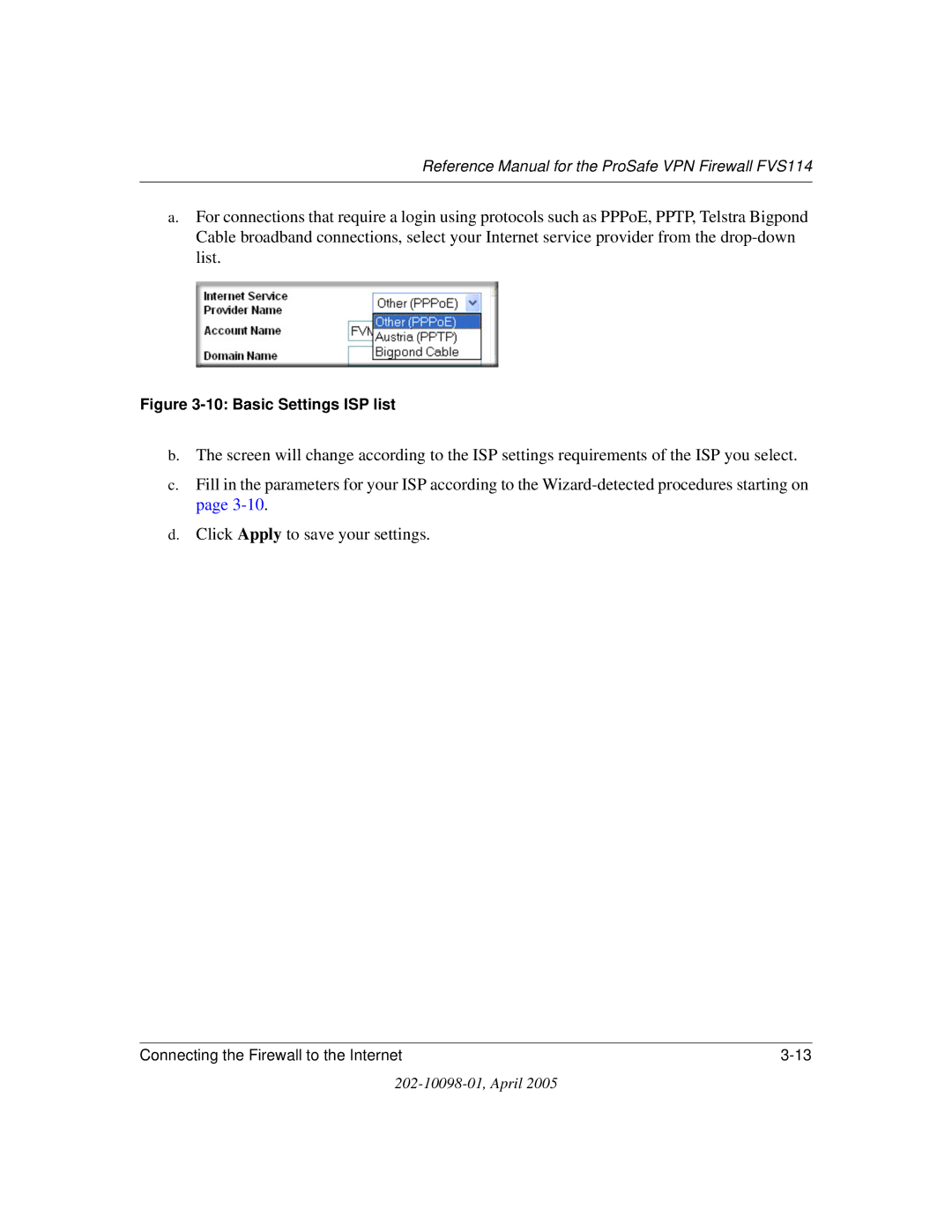 NETGEAR fvs114 manual Basic Settings ISP list 