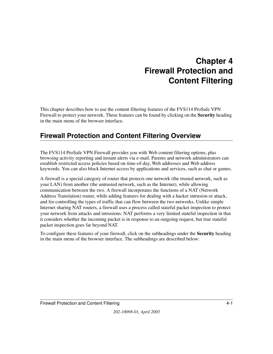 NETGEAR fvs114 manual Chapter Firewall Protection Content Filtering, Firewall Protection and Content Filtering Overview 