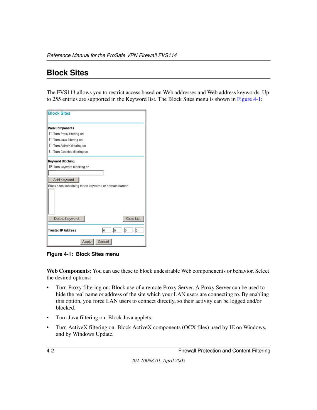 NETGEAR fvs114 manual Block Sites menu 