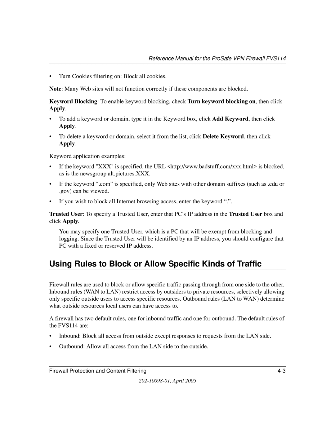 NETGEAR fvs114 manual Using Rules to Block or Allow Specific Kinds of Traffic 